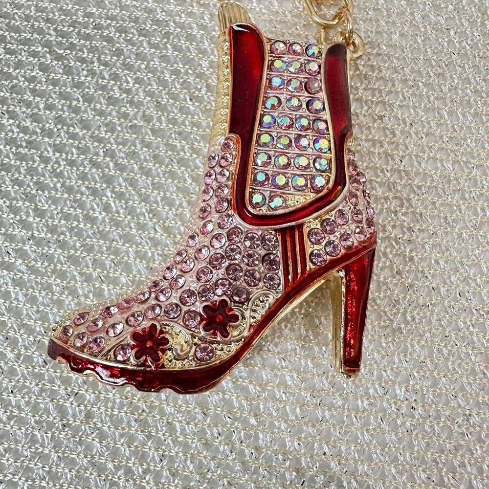 boot bag charm keychain - Red and pink rhinestones in goldtone